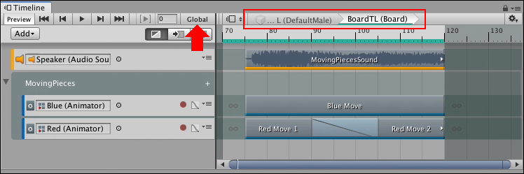 The Timeline title indicates that you are editing a nested Timeline instance (red outline). The Global button (red arrow) indicates that the nested Timeline instance is shown using global time.