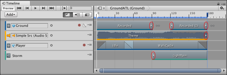 Small arrows (circled) indicate that data exists before the start or after the end of the area defined by the clip